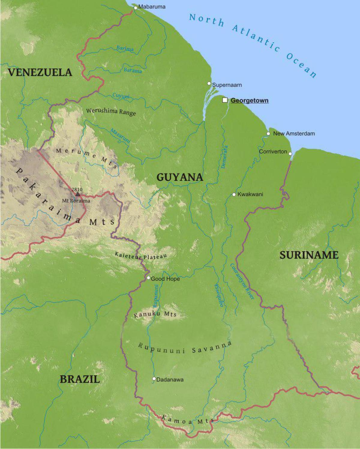 mapa Gujany, pokazujące niska równina przybrzeżna