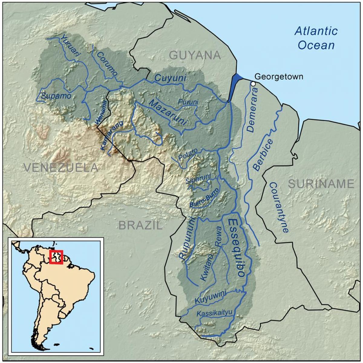 mapa Gujany, pokazujący trzy główne rzeki