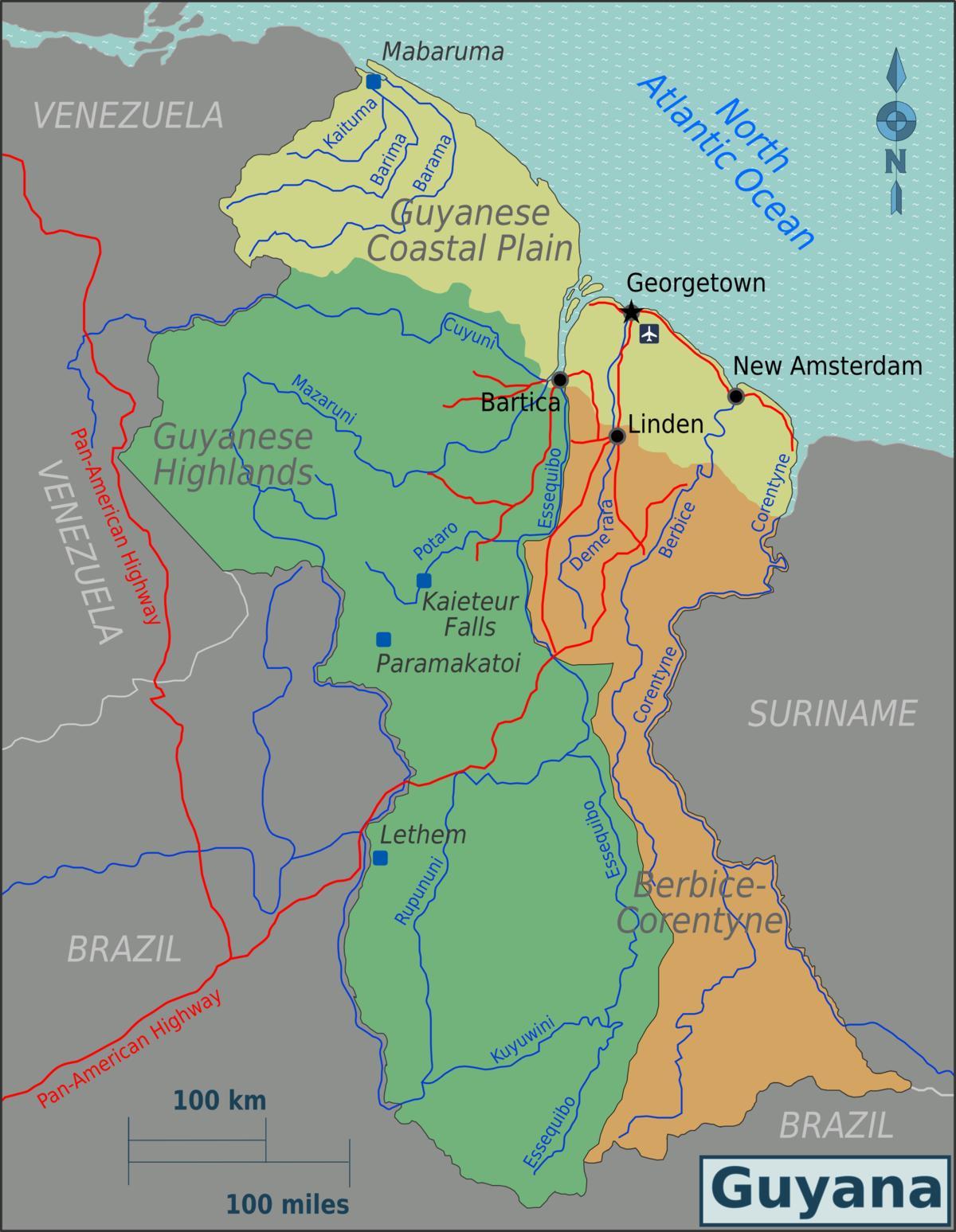 wschodnie wybrzeże demerara w Gujanie mapie