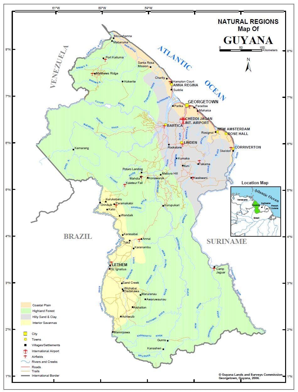 mapa Gujany, pokazujące 4 naturalnych regionów