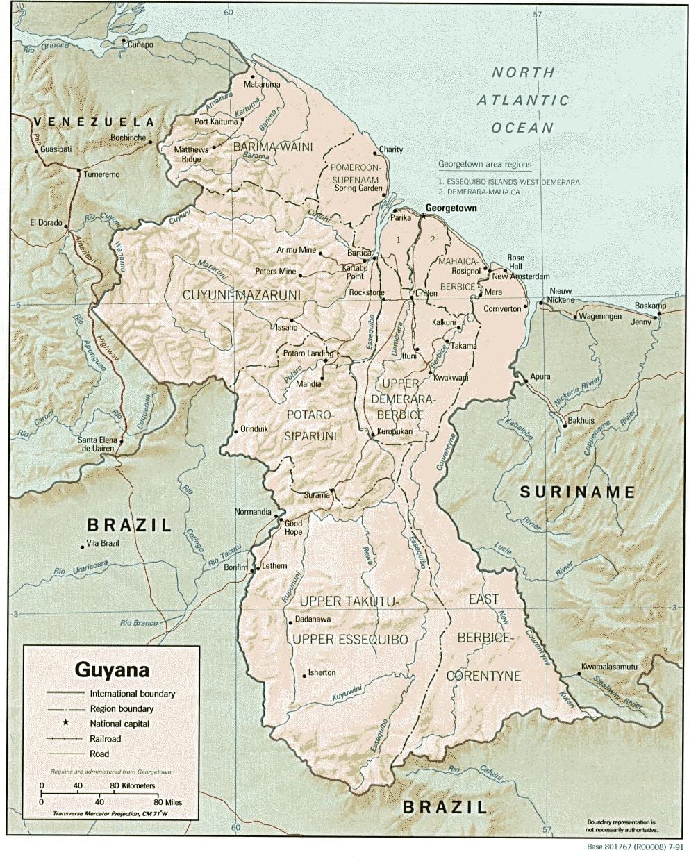 mapa Gujany, pokazując trzech hrabstw