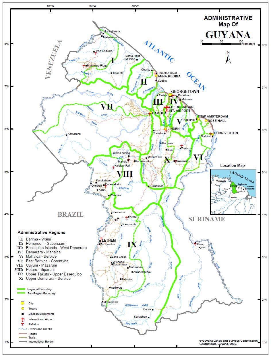 mapa Gujany, pokazując dziesięciu regionów administracyjnych