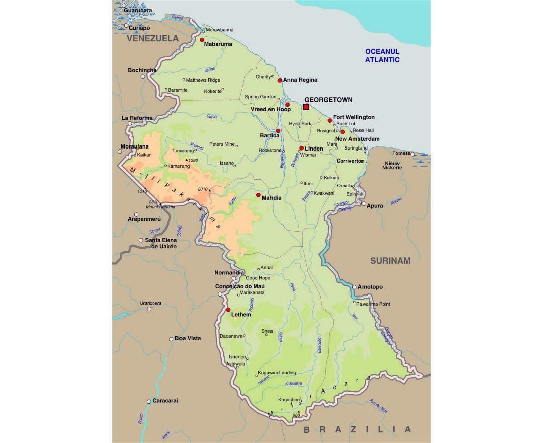 mapa Gujany pokazując miastach