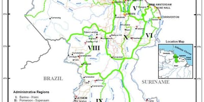 Mapa Gujany, pokazując dziesięciu regionów administracyjnych