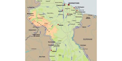 Mapa Gujany pokazując miastach