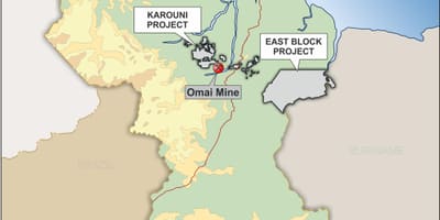 Mapa Gujany przedstawiono zasoby mineralne